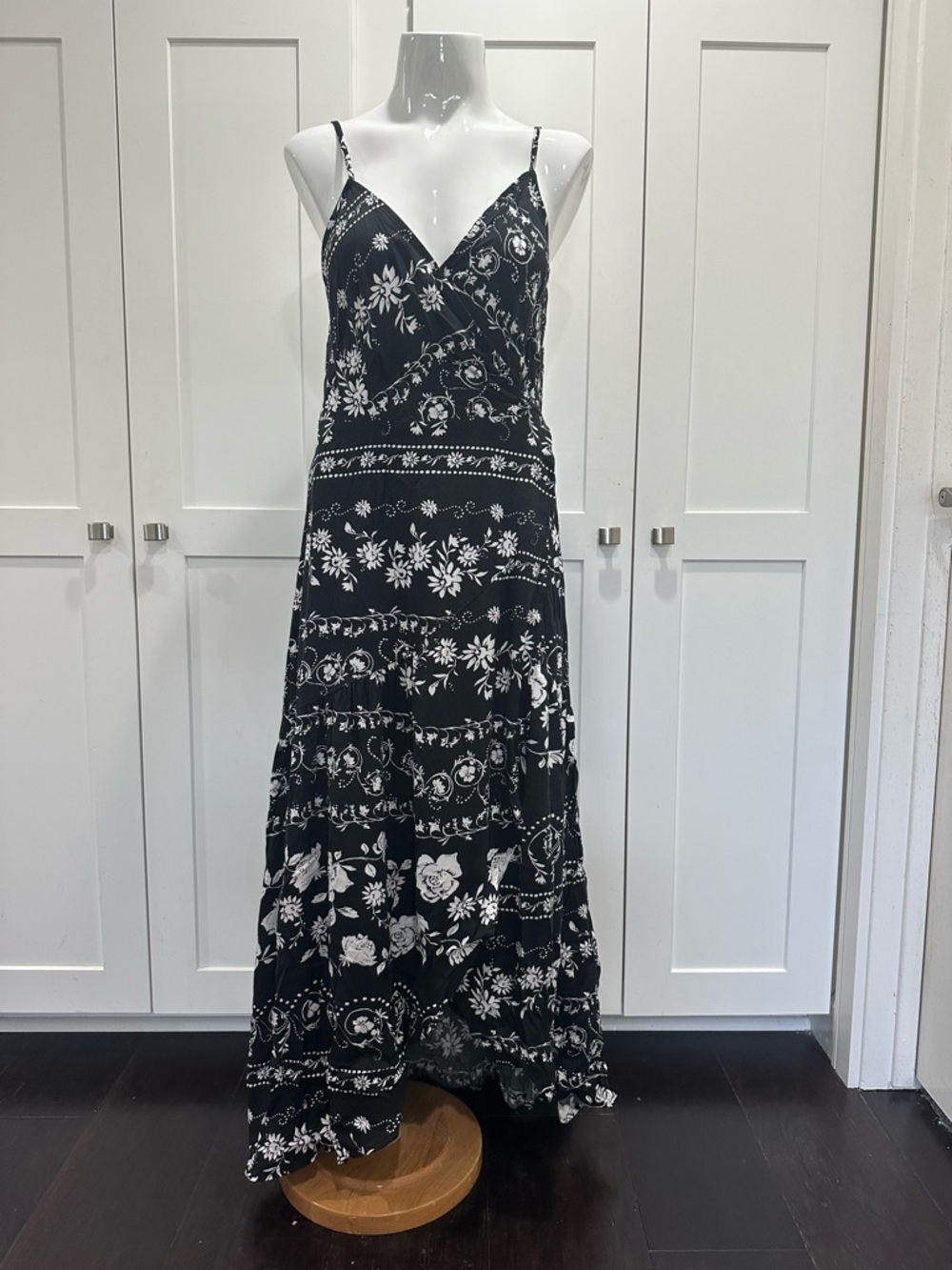 Lovestitch Black & White Floral Maxi Wrap Dress with Spaghetti Straps - Picture 5 of 10
